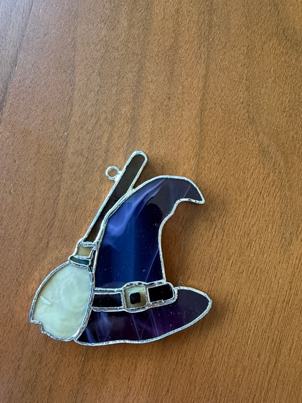 Switchablez Stained Glass Witch Hat Ornament with Broom - Purple and Cream